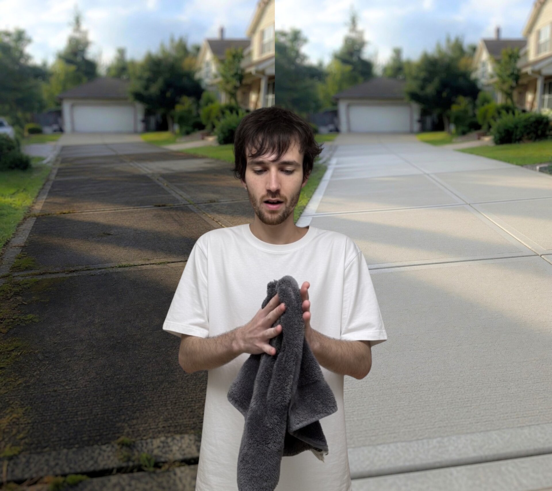 A clean driveway on the right contrasted with a dirty driveway on the left, with the BookSurfacePro owner standing between them